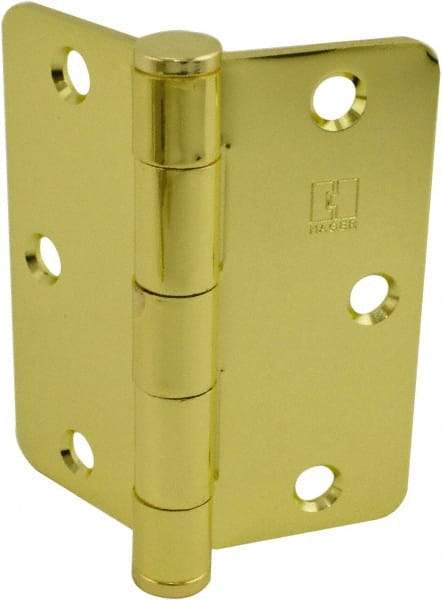 Hager - 3-1/2" Wide x 3-1/2" High Standard Weight Plain Bearing Residential Hinge - Round Edge, Steel, Bright Brass Finish - USA Tool & Supply