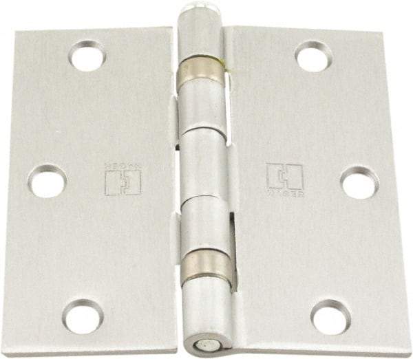 Hager - 3-1/2" Wide x 3-1/2" High Standard Weight Ball Bearing Residential Hinge - Square Edge, Steel, Satin Chrome Finish - USA Tool & Supply
