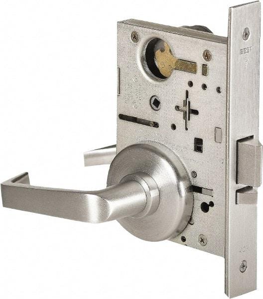 Stanley - Storeroom Lever Lockset for 1-3/8 to 1-3/4" Thick Doors - 2-3/8 to 2-3/4" Back Set, Brass, Satin Chrome Finish - USA Tool & Supply