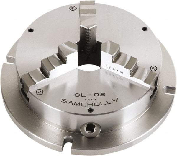 Samchully - 3 Jaw, 255mm Diam, Self Centering Manual Lathe Chuck - Plain Back Mount, Adjustable, 76mm Through Hole Diam, Forged Steel - USA Tool & Supply