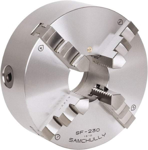 Samchully - 4 Jaw, 273mm Diam, Self Centering Manual Lathe Chuck - Rear Mount, Adjustable, 89mm Through Hole Diam, Forged Steel - USA Tool & Supply