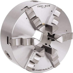 Samchully - 6 Jaw, 232mm Diam, Self Centering Manual Lathe Chuck - Plain Back Mount, Adjustable, 75mm Through Hole Diam, Forged Steel - USA Tool & Supply