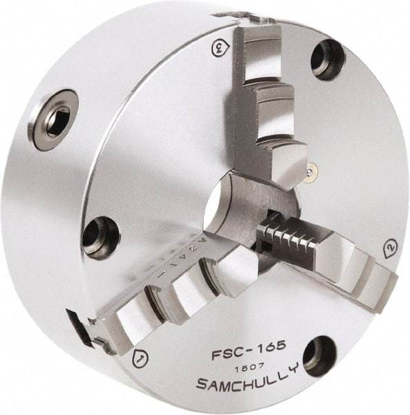 Samchully - 3 Jaw, 192mm Diam, Self Centering Manual Lathe Chuck - Front Mount, Adjustable, 57mm Through Hole Diam, Forged Steel - USA Tool & Supply