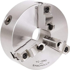 Samchully - 3 Jaw, 232mm Diam, Self Centering Manual Lathe Chuck - Rear Mount, Adjustable, 75mm Through Hole Diam, Forged Steel - USA Tool & Supply