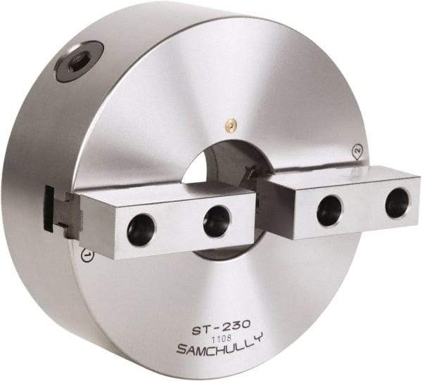 Samchully - 2 Jaw, 232mm Diam, Self Centering Manual Lathe Chuck - Front Mount, Adjustable, 75mm Through Hole Diam, Forged Steel - USA Tool & Supply