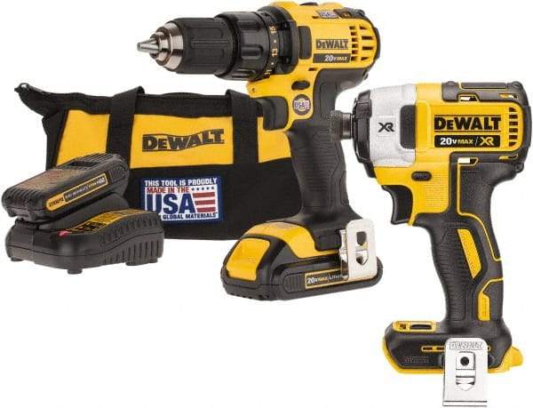 DeWALT - 20 Volt 1/2" Chuck Pistol Grip Handle Cordless Drill - 0-600 & 0-2000 RPM, Keyless Chuck, Reversible, 2 Lithium-Ion Batteries Included - USA Tool & Supply