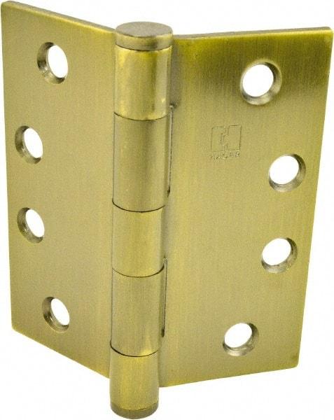 Hager - 4" Long x 4" Wide x 0.062" Thick, Steel Full Mortise Hinge - Antique Brass Finish, 5 Knuckles - USA Tool & Supply
