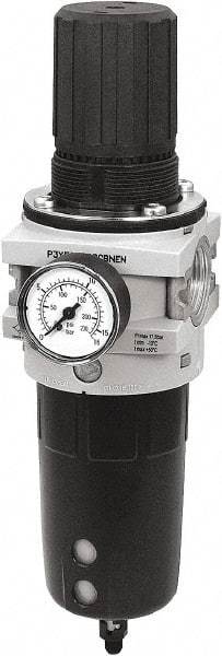 Parker - 3/4" NPT Port Heavy-Duty 1 Piece Filter/Regulator FRL Unit - Polypropylene Bowl, 335 SCFM, 254 Max psi, 13-1/2" High, Manual Drain - USA Tool & Supply