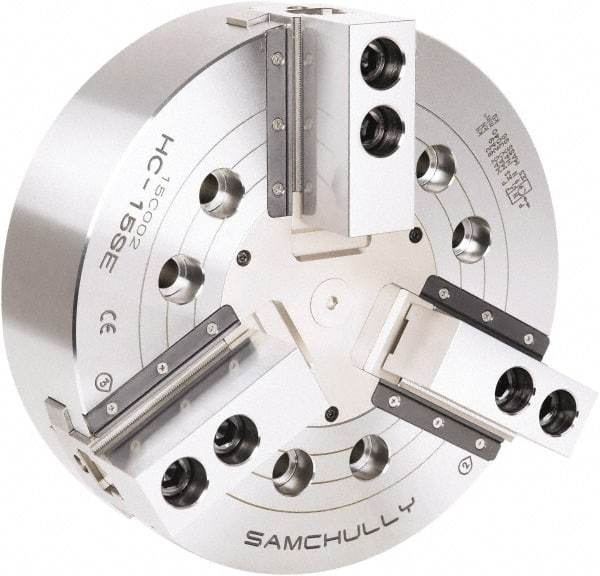 Samchully - 3 Jaw, 450mm Chuck Diam, Plain Back Mount, 0mm Through Hole Diam, Drawbar Hydraulic Power Lathe Chuck - 1.5mm x 60° Serrated Jaw Interface, 2,710 RPM, Steel Body - USA Tool & Supply