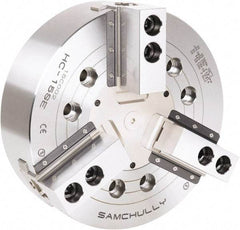 Samchully - 3 Jaw, 381mm Chuck Diam, Plain Back Mount, 0mm Through Hole Diam, Drawbar Hydraulic Power Lathe Chuck - 1.5mm x 60° Serrated Jaw Interface, 3,040 RPM, Steel Body - USA Tool & Supply