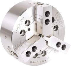 Samchully - 3 Jaw, 165mm Chuck Diam, Plain Back Mount, 0mm Through Hole Diam, Drawbar Hydraulic Power Lathe Chuck - 1.5mm x 60° Serrated Jaw Interface, 5,270 RPM, Steel Body - USA Tool & Supply