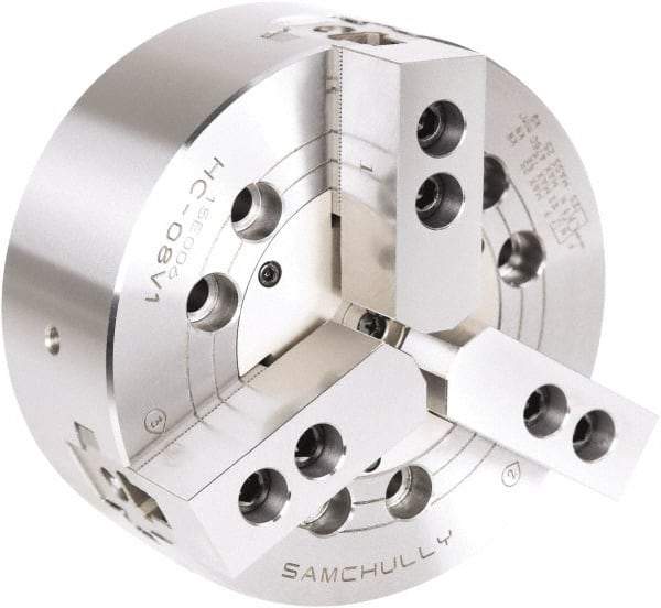 Samchully - 3 Jaw, 135mm Chuck Diam, Plain Back Mount, 0mm Through Hole Diam, Drawbar Hydraulic Power Lathe Chuck - 1.5mm x 60° Serrated Jaw Interface, 5,500 RPM, Steel Body - USA Tool & Supply