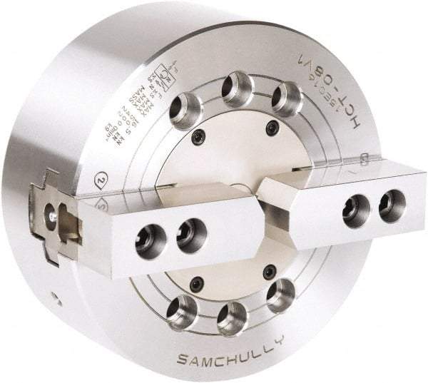 Samchully - 2 Jaw, 210mm Chuck Diam, Plain Back Mount, 0mm Through Hole Diam, Drawbar Hydraulic Power Lathe Chuck - 1.5mm x 60° Serrated Jaw Interface, 4,000 RPM, Steel Body - USA Tool & Supply