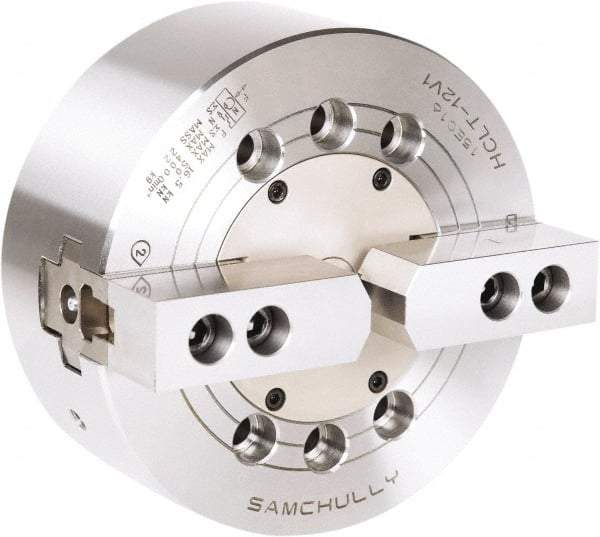 Samchully - 2 Jaw, 165mm Chuck Diam, Plain Back Mount, 0mm Through Hole Diam, Drawbar Hydraulic Power Lathe Chuck - 1.5mm x 60° Serrated Jaw Interface, 4,300 RPM, Steel Body - USA Tool & Supply