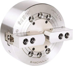 Samchully - 2 Jaw, 165mm Chuck Diam, Plain Back Mount, 0mm Through Hole Diam, Drawbar Hydraulic Power Lathe Chuck - 1.5mm x 60° Serrated Jaw Interface, 4,300 RPM, Steel Body - USA Tool & Supply