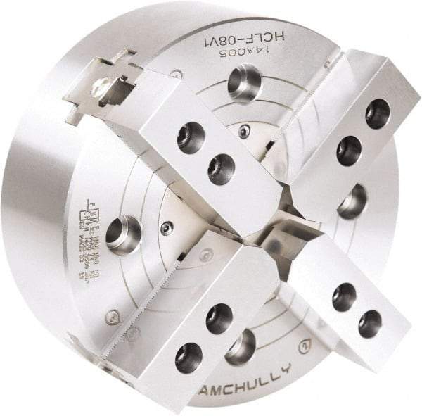 Samchully - 4 Jaw, 210mm Chuck Diam, Plain Back Mount, 0mm Through Hole Diam, Drawbar Hydraulic Power Lathe Chuck - 1.5mm x 60° Serrated Jaw Interface, 3,600 RPM, Steel Body - USA Tool & Supply