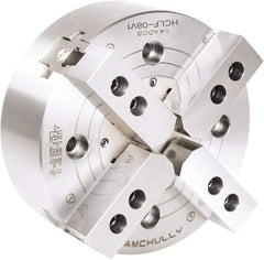 Samchully - 4 Jaw, 210mm Chuck Diam, Plain Back Mount, 0mm Through Hole Diam, Drawbar Hydraulic Power Lathe Chuck - 1.5mm x 60° Serrated Jaw Interface, 3,600 RPM, Steel Body - USA Tool & Supply