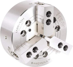 Samchully - 3 Jaw, 110mm Chuck Diam, Plain Back Mount, 0mm Through Hole Diam, Drawbar Hydraulic Power Lathe Chuck - 1.5mm x 60° Serrated Jaw Interface, 5,000 RPM, Steel Body - USA Tool & Supply