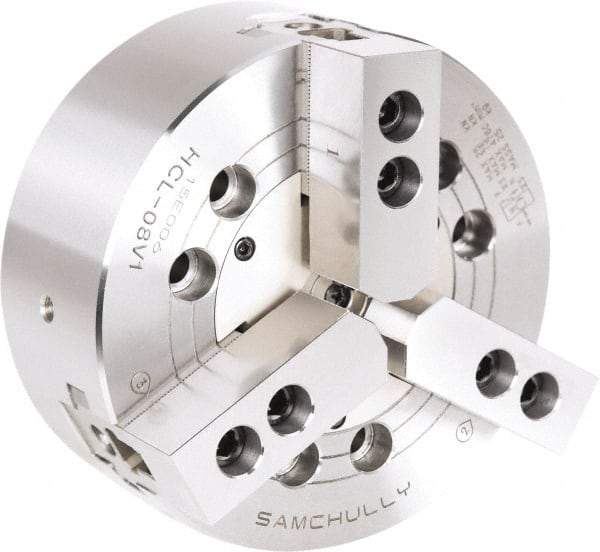 Samchully - 3 Jaw, 210mm Chuck Diam, Plain Back Mount, 0mm Through Hole Diam, Drawbar Hydraulic Power Lathe Chuck - 1.5mm x 60° Serrated Jaw Interface, 3,600 RPM, Steel Body - USA Tool & Supply