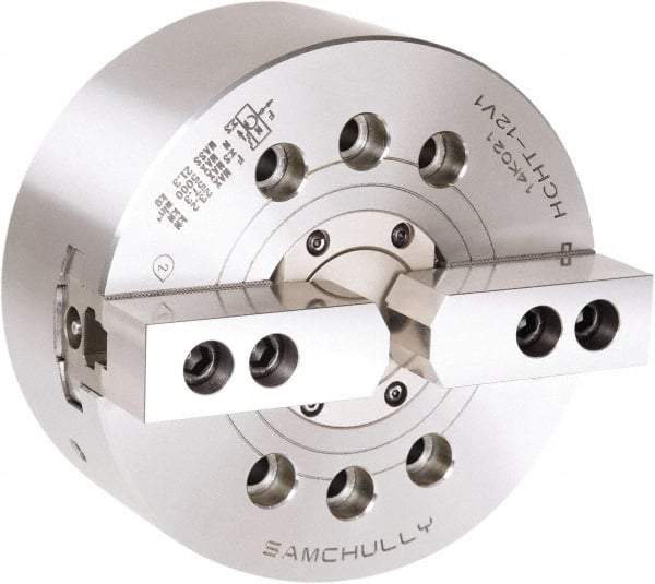 Samchully - 2 Jaw, 381mm Chuck Diam, Plain Back Mount, 0mm Through Hole Diam, Drawtube Hydraulic Power Lathe Chuck - 1.5mm x 60° Serrated Jaw Interface, 2,500 RPM, Steel Body - USA Tool & Supply