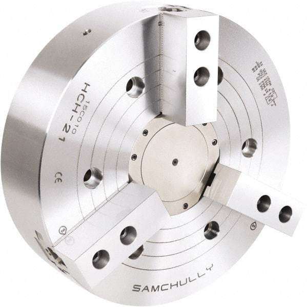 Samchully - 3 Jaw, 450mm Chuck Diam, Plain Back Mount, 117.5mm Through Hole Diam, Drawtube Hydraulic Power Lathe Chuck - 1.5mm x 60° Serrated Jaw Interface, 2,000 RPM, Steel Body - USA Tool & Supply