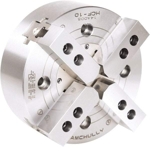 Samchully - 4 Jaw, 304mm Chuck Diam, Plain Back Mount, 0mm Through Hole Diam, Drawbar Hydraulic Power Lathe Chuck - 1.5mm x 60° Serrated Jaw Interface, 3,000 RPM, Steel Body - USA Tool & Supply