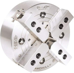 Samchully - 4 Jaw, 304mm Chuck Diam, Plain Back Mount, 0mm Through Hole Diam, Drawbar Hydraulic Power Lathe Chuck - 1.5mm x 60° Serrated Jaw Interface, 3,000 RPM, Steel Body - USA Tool & Supply