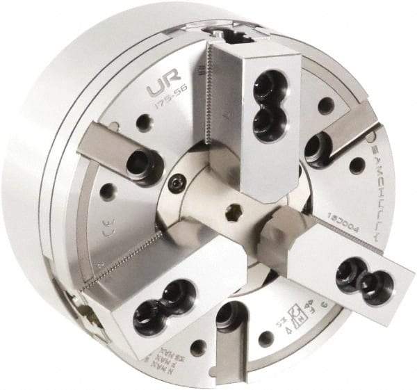 Samchully - 3 Jaw, 254mm Chuck Diam, Plain Back Mount, 82mm Through Hole Diam, Drawtube Hydraulic Power Lathe Chuck - 1/16" x 90° Serrated Jaw Interface, 4,000 RPM, Steel Body - USA Tool & Supply