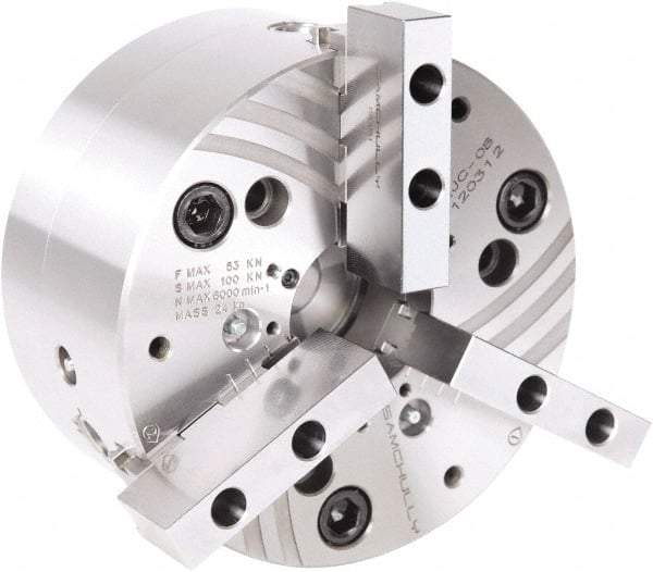 Samchully - 3 Jaw, 400mm Chuck Diam, Plain Back Mount, 128mm Through Hole Diam, Drawtube Hydraulic Power Lathe Chuck - Tongue & Groove Jaw Interface, 3,500 RPM, Steel Body - USA Tool & Supply