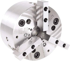 Samchully - 3 Jaw, 215mm Chuck Diam, Plain Back Mount, 66mm Through Hole Diam, Drawtube Hydraulic Power Lathe Chuck - Tongue & Groove Jaw Interface, 5,500 RPM, Steel Body - USA Tool & Supply