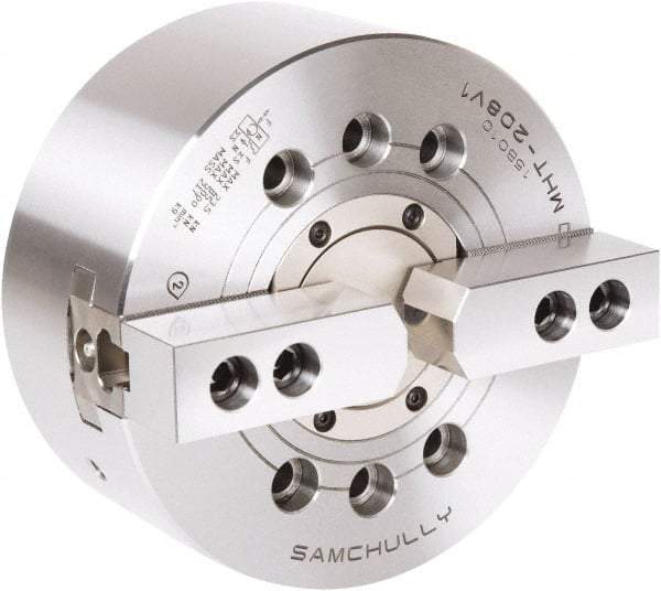 Samchully - 2 Jaw, 210mm Chuck Diam, Plain Back Mount, 66mm Through Hole Diam, Drawtube Hydraulic Power Lathe Chuck - 1.5mm x 60° Serrated Jaw Interface, 5,000 RPM, Steel Body - USA Tool & Supply