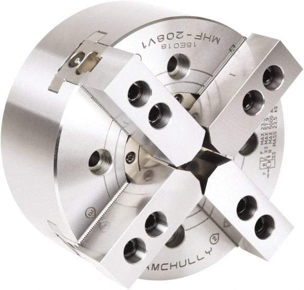 Samchully - 4 Jaw, 210mm Chuck Diam, Plain Back Mount, 66mm Through Hole Diam, Drawtube Hydraulic Power Lathe Chuck - 1.5mm x 60° Serrated Jaw Interface, 5,000 RPM, Steel Body - USA Tool & Supply