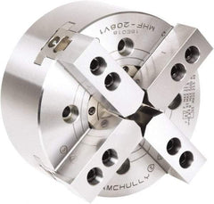 Samchully - 4 Jaw, 210mm Chuck Diam, Plain Back Mount, 66mm Through Hole Diam, Drawtube Hydraulic Power Lathe Chuck - 1.5mm x 60° Serrated Jaw Interface, 5,000 RPM, Steel Body - USA Tool & Supply