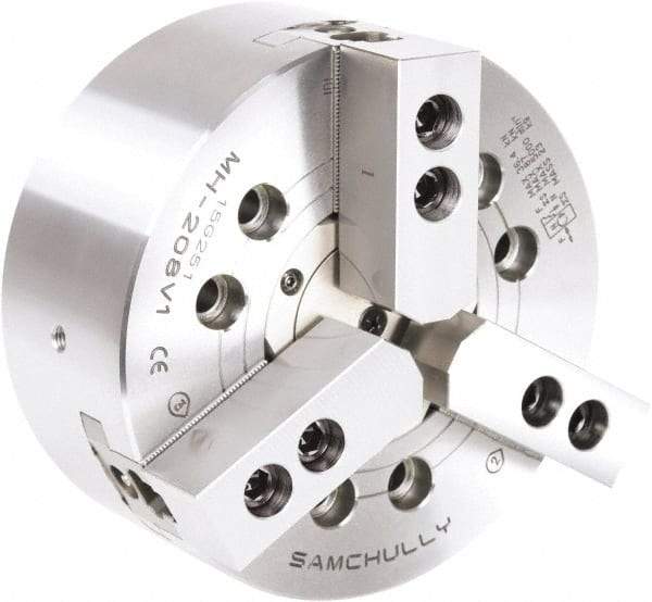 Samchully - 3 Jaw, 254mm Chuck Diam, Plain Back Mount, 82mm Through Hole Diam, Drawtube Hydraulic Power Lathe Chuck - 1.5mm x 60° Serrated Jaw Interface, 4,500 RPM, Steel Body - USA Tool & Supply