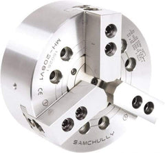 Samchully - 3 Jaw, 610mm Chuck Diam, Plain Back Mount, 190mm Through Hole Diam, Drawtube Hydraulic Power Lathe Chuck - 1.5mm x 60° Serrated Jaw Interface, 1,400 RPM, Steel Body - USA Tool & Supply