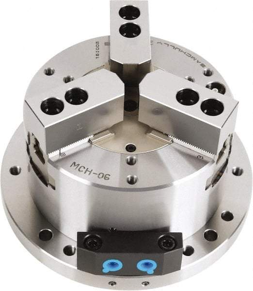 Samchully - 3 Jaw, 210mm Chuck Diam, Plain Back Mount, 0mm Through Hole Diam, Self-Contained Hydraulic Power Lathe Chuck - 1.5mm x 60° Serrated Jaw Interface, Steel Body - USA Tool & Supply