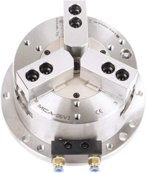Samchully - 3 Jaw, 248mm Chuck Diam, Plain Back Mount, 0mm Through Hole Diam, Self-Contained Air Power Lathe Chuck - 1.5mm x 60° Serrated Jaw Interface, Steel Body - USA Tool & Supply