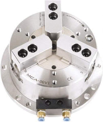 Samchully - 3 Jaw, 248mm Chuck Diam, Plain Back Mount, 0mm Through Hole Diam, Self-Contained Air Power Lathe Chuck - 1.5mm x 60° Serrated Jaw Interface, Steel Body - USA Tool & Supply