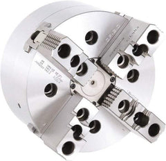 Samchully - 4 Jaw, 210mm Chuck Diam, Plain Back Mount, 0mm Through Hole Diam, Drawbar Hydraulic Power Lathe Chuck - 1.5mm x 60° Serrated Jaw Interface, 4,000 RPM, Steel Body - USA Tool & Supply