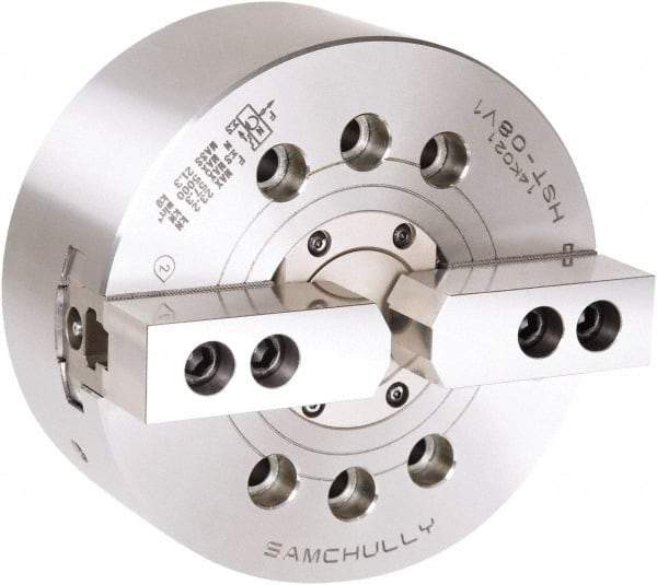 Samchully - 2 Jaw, 304mm Chuck Diam, Plain Back Mount, 91mm Through Hole Diam, Drawtube Hydraulic Power Lathe Chuck - 1.5mm x 60° Serrated Jaw Interface, 3,300 RPM, Steel Body - USA Tool & Supply