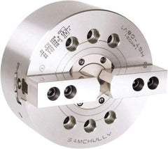 Samchully - 2 Jaw, 304mm Chuck Diam, Plain Back Mount, 91mm Through Hole Diam, Drawtube Hydraulic Power Lathe Chuck - 1.5mm x 60° Serrated Jaw Interface, 3,300 RPM, Steel Body - USA Tool & Supply