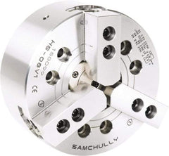 Samchully - 3 Jaw, 210mm Chuck Diam, Plain Back Mount, 46mm Through Hole Diam, Drawtube Hydraulic Power Lathe Chuck - 1.5mm x 60° Serrated Jaw Interface, 3,000 RPM, Steel Body - USA Tool & Supply