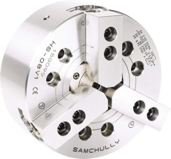 Samchully - 3 Jaw, 165mm Chuck Diam, Plain Back Mount, 46mm Through Hole Diam, Drawtube Hydraulic Power Lathe Chuck - 1.5mm x 60° Serrated Jaw Interface, 6,000 RPM, Steel Body - USA Tool & Supply