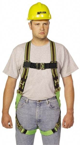 Miller - 400 Lb Capacity, Size Universal, Full Body Construction Safety Harness - Polyester Webbing, Quick Connect Leg Strap, Quick Connect Chest Strap, Green/Black - USA Tool & Supply