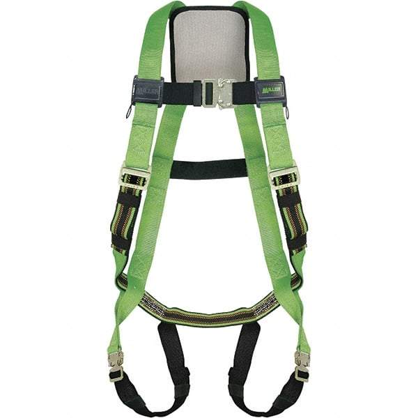 Miller - 400 Lb Capacity, Size Universal, Full Body Construction Safety Harness - Polyester Webbing, Quick Connect Leg Strap, Quick Connect Chest Strap, Green/Black - USA Tool & Supply