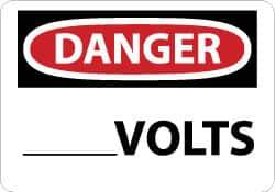 NMC - Accident Prevention Label, Header: DANGER - Legend: Danger - ____ Volts, English, Red, Black & White, 5" Long x 3" High, Sign Muscle Finish - USA Tool & Supply