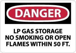 NMC - "Danger - LP Gas Storage - No Smoking or Open Flames Within 50 Ft.", 10" Long x 14" Wide, Pressure-Sensitive Vinyl Safety Sign - Rectangle, 0.004" Thick, Use for Accident Prevention - USA Tool & Supply