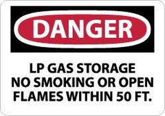 NMC - "Danger - LP Gas Storage - No Smoking or Open Flames Within 50 Ft.", 7" Long x 10" Wide, Rigid Plastic Safety Sign - Rectangle, 0.05" Thick, Use for Accident Prevention - USA Tool & Supply