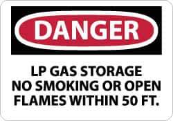 NMC - "Danger - LP Gas Storage - No Smoking or Open Flames Within 50 Ft.", 10" Long x 14" Wide, Rigid Plastic Safety Sign - Rectangle, 0.05" Thick, Use for Accident Prevention - USA Tool & Supply