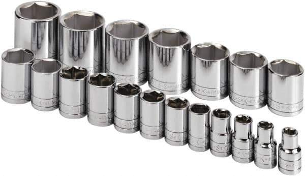 SK - 19 Piece 1/2" Drive Standard Socket Set - 6 Points, 3/8 to 1-1/2", Inch Measurement Standard - USA Tool & Supply